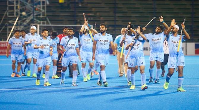 The Indian team celebrates after winning a match at the eighth junior men's Asia Cup hockey tournament, in Kuantan, Malaysia