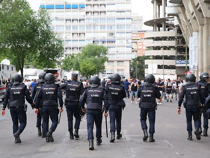 Police patrol outside the Estadio Santiago Bernabeu in Madrid during an UEFA Champions League match