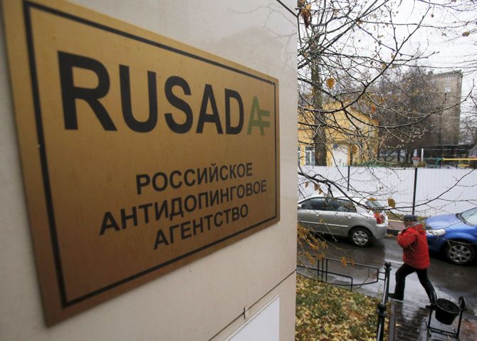 A man walks outside an office of the Russian Anti-Doping Agency (RUSADA) in Moscow