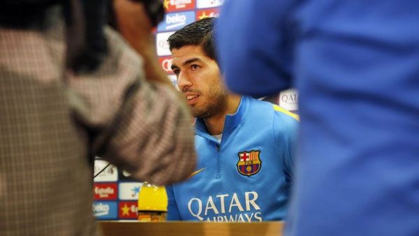 FC Barcelona's Luis Suarez speaks during a press conference on Wednesday