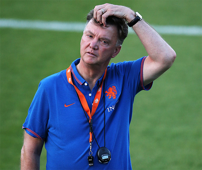 Louis van Gaal looks on during a training session  