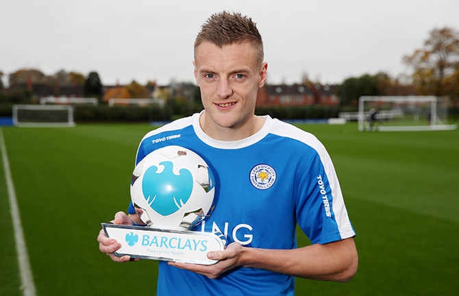 Leicester's Jamie Vardy poses with the October Barclays Player of the Month trophy 