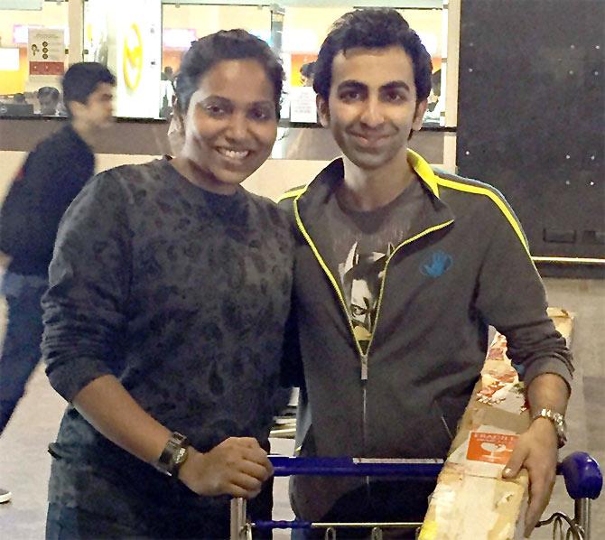 Cueists Pankaj Advani and Vidya Pillay on their arrival at the international airport in Bengaluru 