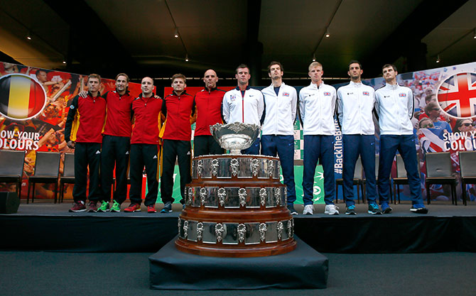 The Davis Cup teams of Belgium and Great Britain pose ahead of the final  