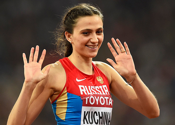 Winner Maria Kuchina of Russia gestures  