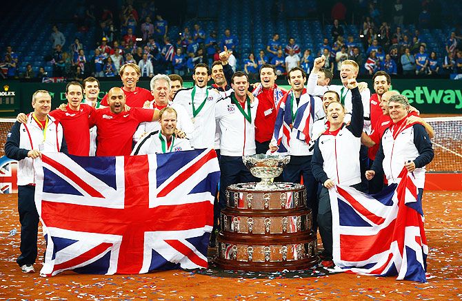 The Great Britain team celebrate with the Davis Cup following victory against Belgium
