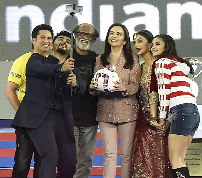 Cricketer Sachin Tendulkar, Neeta Ambani, Bollyoood actress Aishwarya Rai Bachchan,   Arjun Kapoor and Alia Bhatt during the opening ceremony