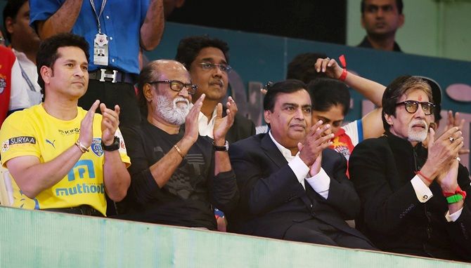 From left, Sachin Tendulkar, industrialist Mukesh Ambani with mega-actors Amitabh   Bachchan and Rajinikanth during the opening ceremony of ISL2