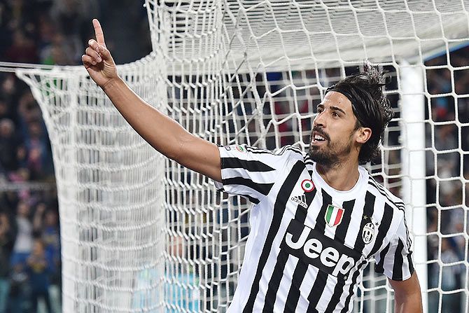Juventus FC's Sami Khedira celebrates a goal against Bologna FC during their Serie A match at Juventus Arena in Turin on Sunday