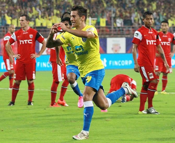 Josu Currias celebrates after putting Kerala Blasters FC ahead against North East United in the ISL match in Kochi on Tuesday