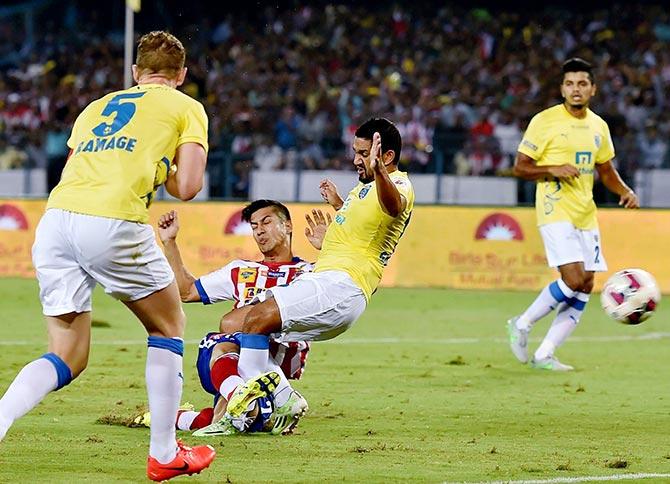 Arata Izumi of Atletico de Kolkata kicks to score a goal for his team during ISL  