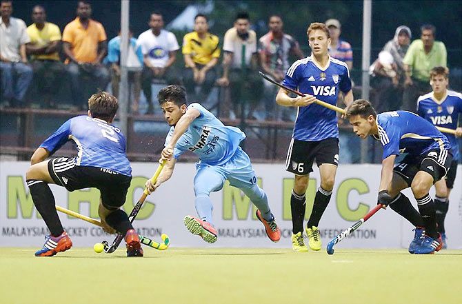 India junior hockey team's Nilakanta Sharma in action against Argentina at the 5th Sultan of Johor Cup in Johor Bahru on Wednesday
