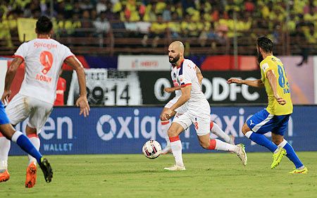 Hans Mulder of Delhi Dynamos FC in action during their Indian Super League match against Kerala Blasters FC at the Jawaharlal Nehru Stadium, in Kochi, on Sunday.