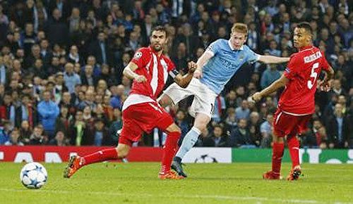 Manchester City's Kevin De Bruyne scores their second goal against Sevilla at Etihad Stadium in Manchester on Wednesday