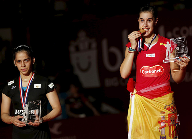 Spain's Carolina Marin (right) and India's Saina Nehwal 