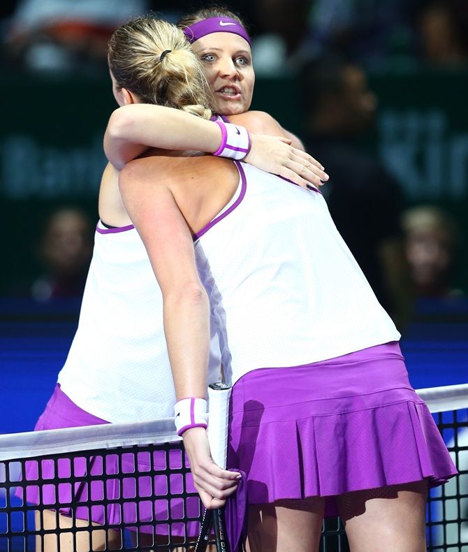 Lucie Safarova of Czech Republic congratulates match winner Petra Kvitova