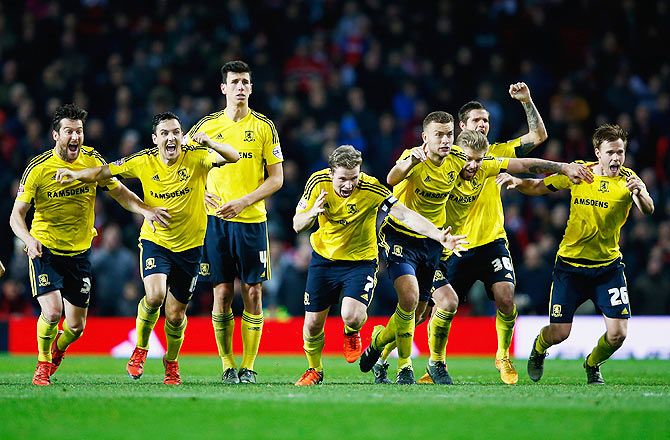 Middlesbrough players celebrate victory after the penalty shoot out