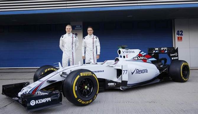 Brazil's Felipe Massa, right, and teammate Valtteri Bottas of Finland