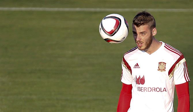 Spain's goalkeeper David de Gea attends a training session at Soccer City grounds in Las Rozas, near Madrid, Spain