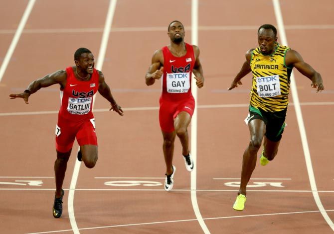 Bolt crosses the finish line ahead of Justin Gatlin to win the gold in the men's 100m final at the World Athletics Championships in Beijing, August 23, 2015. Photograph: Michael Steele/Getty Images