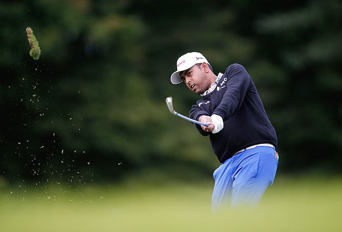 Anirban Lahiri of India hits his second shot on the 16th hole during the third round of the Web.com Tour Hotel Fitness Championship at Sycamore Hills Golf Club in Fort Wayne, Indiana, on Saturday