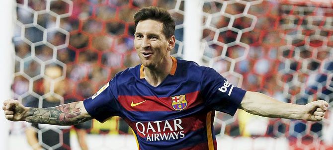 Barcelona's Lionel Messi celebrates after scoring a goal against Atletico Madrid at Vicente Calderon stadium in Madrid on Saturday