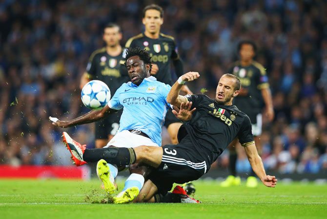 Manchester City's Wilfred Bony is tackled by Juventus' Giorgio Chiellini during their UEFA Champions League Group D match in Manchester on Tuesday