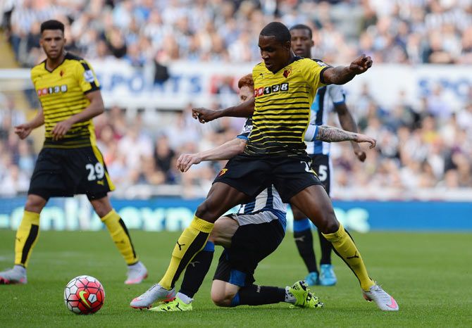  Watford's Odion Ighalo Newcastle United's Jack Colback get into a tangle as they vie for possession during their Premier League match at St James' Park in Newcastle upon Tyne, on Saturday