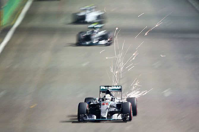 Mercedes' Lewis Hamilton drives during the Singapore Grand Prix