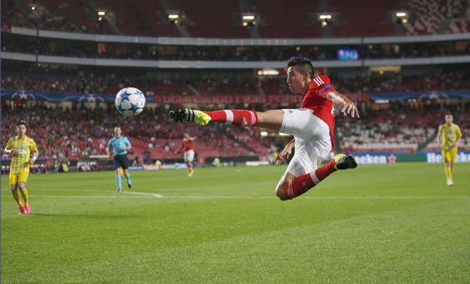 Benfica's Nico Gaitan shoots during their Champion League Group C match against Astana at Luz stadium in Lisbon, on Tuesday, September 15