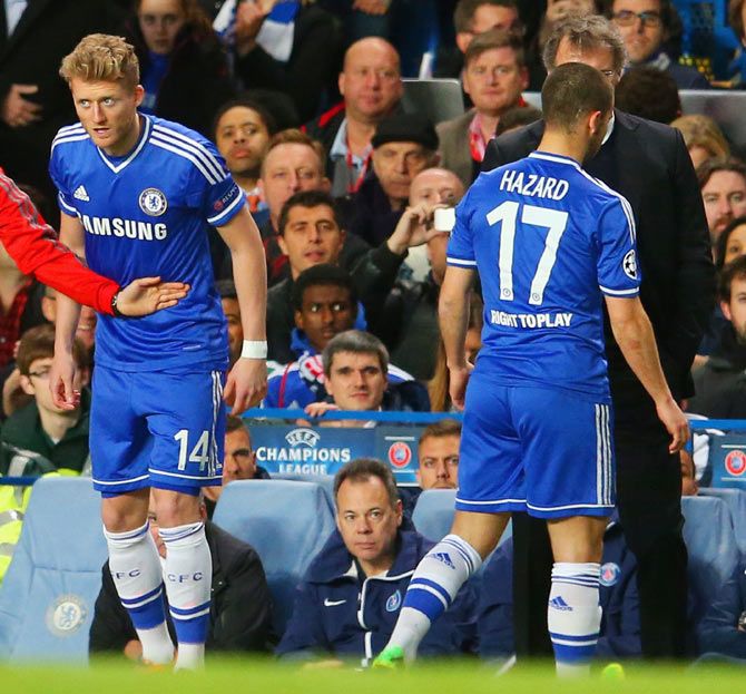 Chelsea's Eden Hazard is replaced by teammate Andre Schurrle during their UEFA Champions League match against Paris Saint-Germain FC at Stamford Bridge on April 8, 2014. Photograph: Julian Finney/Getty Images