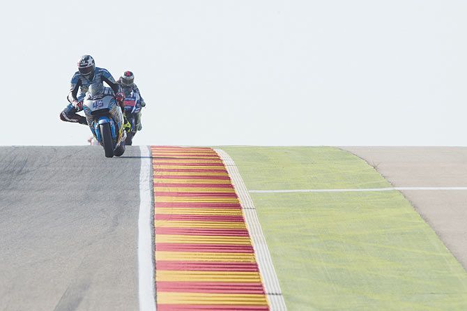Scott Redding of Great Britain and Estrella Galicia 0,0 Marc VDS leads the field during the MotoGP of Spain - Free Practice at Motorland Aragon Circuit in Alcaniz, Spain on Friday, September 25