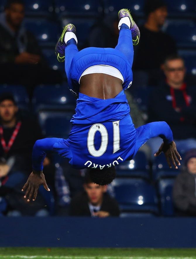 Everton's Romelu Lukaku celebrates as he scores their third goal during the Barclays Premier League match against West Bromwich Albion at The Hawthorns in West Bromwich on Monday