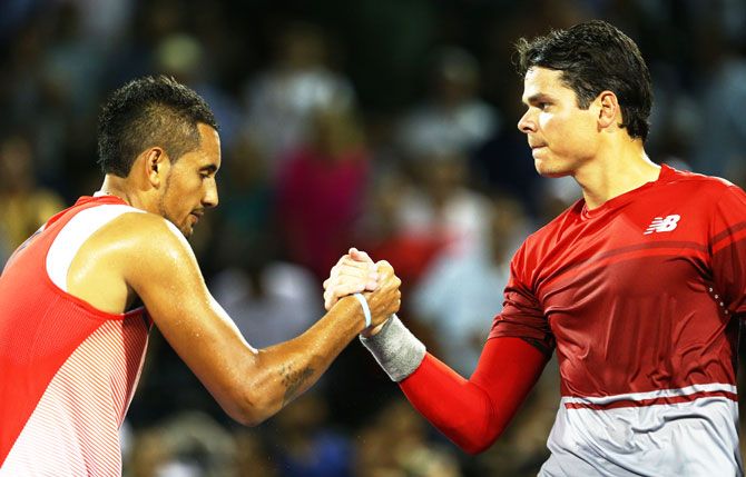 Australia's Nick Kyrgios is congratulated by Canada's Milos Raonic after the former's straight sets quarter-final victory