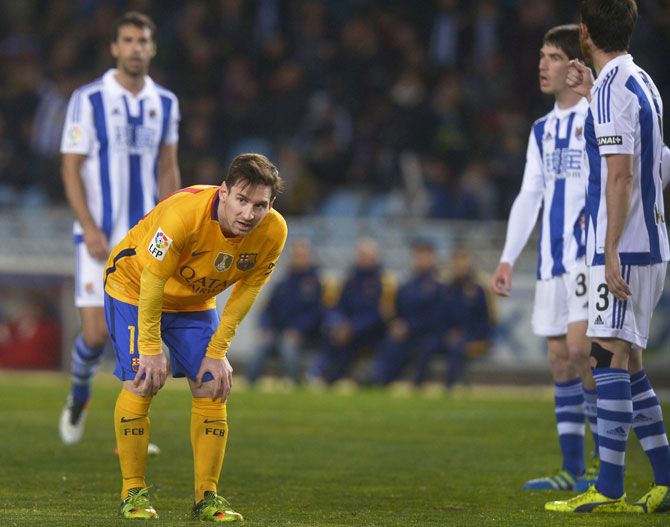 Barcelona's Lionel Messi reacts during the match against Real Sociedad in Anoeta, San Sebastian on Sunday
