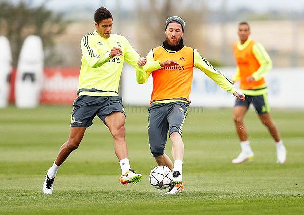 Real Madrid's Raphael Varane and Sergio Ramos at a team training session on Sunday