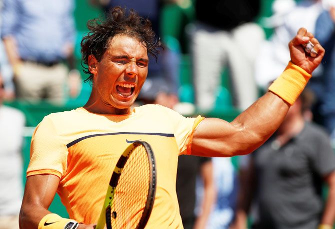 Spain's Rafael Nadal reacts after winning his match against Switzerland's Stan Wawrinka at the Monte Carlo Masters semis on Friday