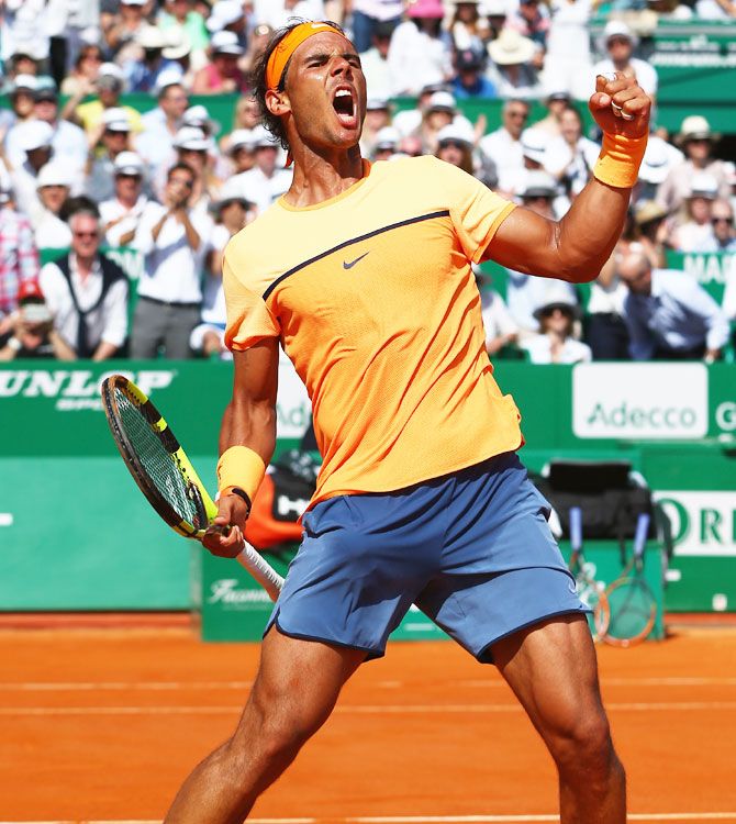 Spain's Rafael Nadal celebrates match point in his 2-6,6-4,6-2 victory against Britain's Andy Murray during his semi-final match at the Monte Carlo Rolex Masters at Monte-Carlo Sporting Club in Monte-Carlo, Monaco, on Saturday