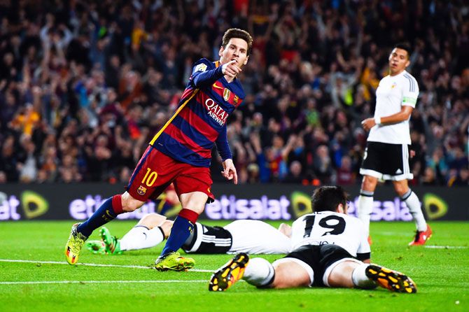 FC Barcelona's Lionel Messi celebrates on scoring