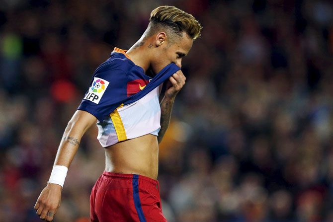 Barcelona's Neymar reacts during the match against Valencia