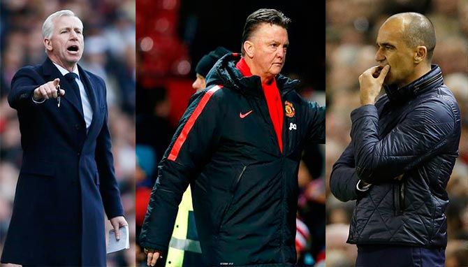 Crystal Palace coach Alan Pardew (left), Manchester United coach Louis van Gaal (centre) and Everton manager Roberto Martinez
