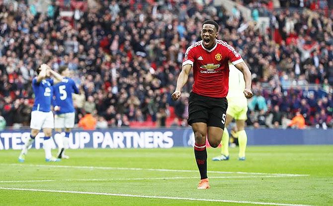 Manchester United's Anthony Martial celebrates scoring the winner against Everton during their FA Cup semi-final on Saturday