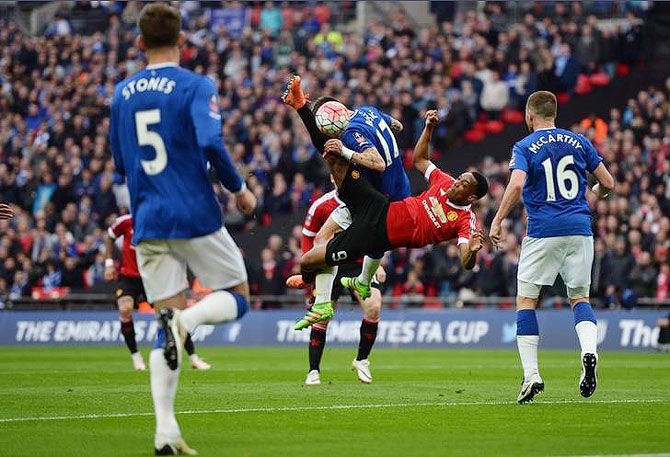 Manchester United's Anthony Martial attempts an overhead kick during the FA Cup semi-final against Everton at Wembley Stadium on Saturday