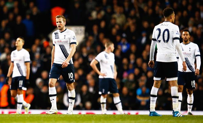 Dejected Spurs react after conceding a goal and level the scores at 1-1 during the Barclays Premier League match between Tottenham Hotspur and West Bromwich Albion at White Hart Lane in London on Monday