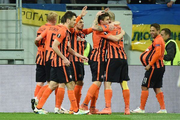 Shakhtar Donetsk players celebrate scoring against Sevilla on Thursday