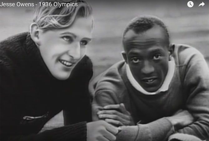 A video grab of Jesse Owens of the USA and Luz Long 