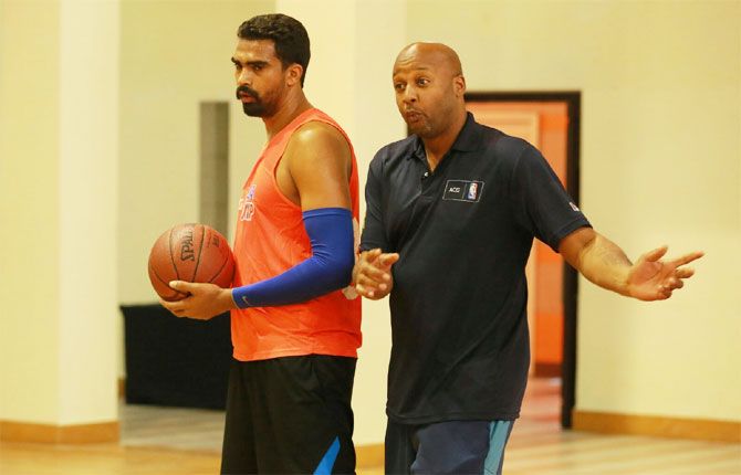 Multi NBA champion Brian Shaw trains Palpreet Singh at the AGC-NBA national camp in February this year