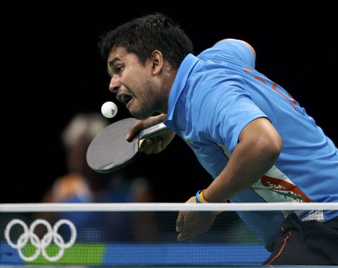 Soumyajit Ghosh in action during his first round match