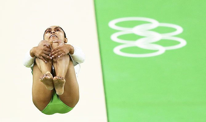 Dipa Karmakar competes on the vault during the women's qualifications