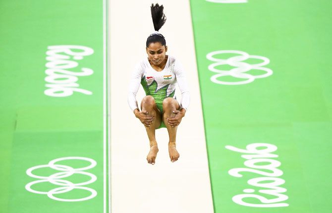 India's Dipa Karmakar competes on the vault during the artistic gymnastics preliminary women's qualifications, subdivisions, at the Rio 2016 Summer Olympics at the Rio Olympic Arena in Rio de Janeiro on Sunday